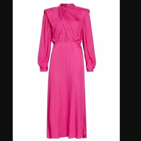 Farm Rio Maxi Dress Cut Out Satin Pink L Shoulder Pad Long-Sleeve Cocktail - Picture 14 of 16